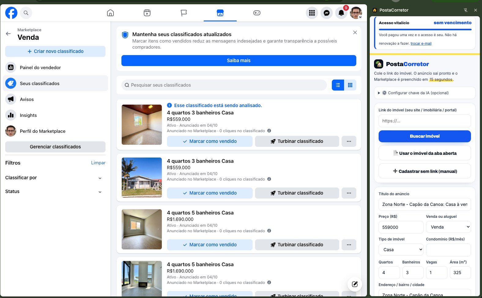 Facebook Marketplace com os classificados publicados pela PostaCorretor e o painel da extensão aberto ao lado